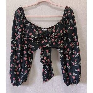 Blush Crop Top Size Large Off Shoulder Long Sleeve Adjustable Tie Floral Black